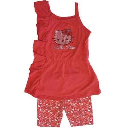 Hello Kitty Little Girls Coral Fuchsia Ruffle Top 2 Piece Shorts Set 4-6X