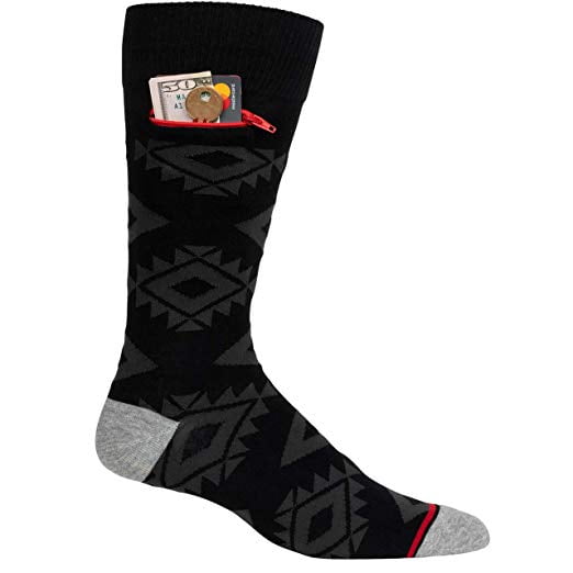Mens Pocket Socks, Aztek Black and Grey, Crew Soft Cotton with Security Zip Pocket (One Size)