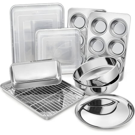 12-Piece Stainless Steel Baking Pans Set Kitchen Bakeware Set Include Baking Sheet with Rack Round/Square Cake Pan Lasagna Pan Loaf Pan Muffin Pan Pizza Tray & 2 Covers Durable
12-Piece Stainless Steel Baking Pans Set Kitchen Bakeware Set Include Baking Sheet with Rack Round/Square Cake Pan Lasagna Pan Loaf Pan Muffin Pan Pizza Tray & 2 Covers Durable