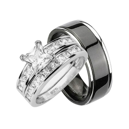 His Hers CZ Wedding Ring Set Sterling Silver Black Titanium Bands for Him Her (8/8)