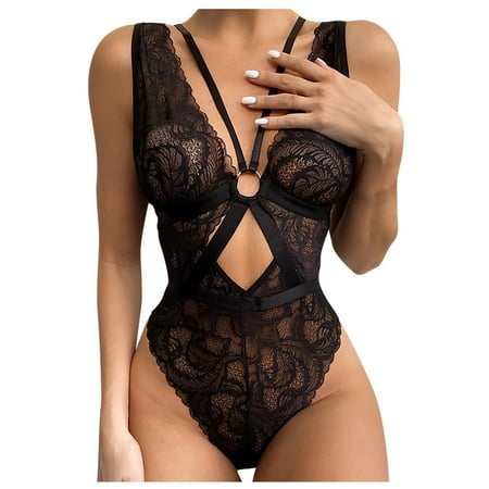 

EHTMSAK Women One Piece Lingerie Deep V Neck Lace Sexy Tummy Control Bodysuit Teddy Mini Babydoll Black L