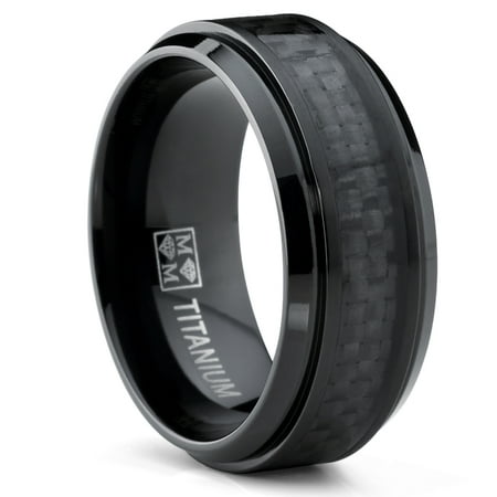 9MM Black Titanium Men's Wedding Band Ring with Black Carbon Fiber Inlay, Comfort Fit