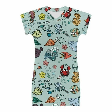 Summer Dresses For Girls Toddler Short Sleeved Crewneck Sea Bottom Elephant Print Dress For 8-9 Years