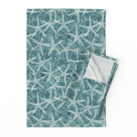 

Printed Tea Towel Linen Cotton Canvas - White Starfish Caribbean Ocean Nautical Coral Reef Swim Print Decorative Kitchen Towel by Spoonflower