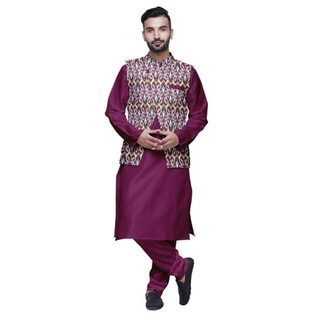 Atasi Indian Mens Kurta Churidar Pajama Jacket Set Solid Ethnic Wear For Men