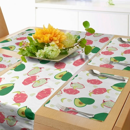 

Tropical Table Runner & Placemats Exotic Dragonfruit and Avocado Repetitive Design Summer Concept Print Set for Dining Table Decor Placemat 4 pcs + Runner 16 x90 Pale Pink and Green by Ambesonne