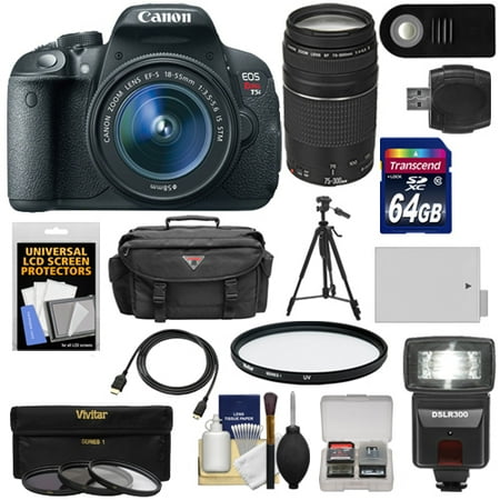 Canon EOS Rebel T5i Digital SLR Camera & EF-S 18-55mm IS STM Lens with EF 75-300mm III Lens + 64GB Card + Battery + Case + Flash + 3 Filters Kit Canon EOS Rebel T5i Digital SLR Camera & EF-S 18-55mm IS STM Lens with EF 75-300mm III Lens + 64GB Card + Battery + Case + Flash + 3 Filters Kit