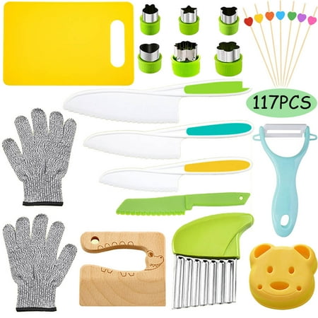 117 Pieces Wooden Kids Kitchen Knife Include Wood Kids Knife Plastic Potato Slicers Cooking Knives Serrated Edges Toddler Knife Kids Plastic Knife Resistant Gloves for Kitchen Children