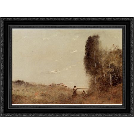 Morning by the Water 24x19 Black Ornate Wood Framed Canvas Art by Corot, Jean Baptiste Camille