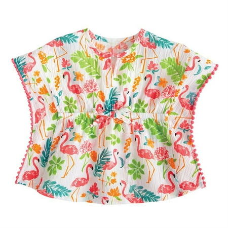 

Kid Baby Girls Dress Summer Beach Dress Flamingo Flower Print Cover Ups Dress Batwing Sleeve Sundress Cotton Linen Mini Dress Loose Swim Dress
