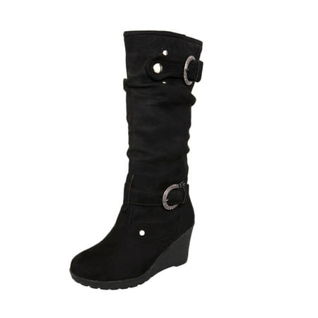

Lyinloo Women s Winter Flat Shoe Round Toe Thicken Wedges Ladies Long Tube Boots Black 39