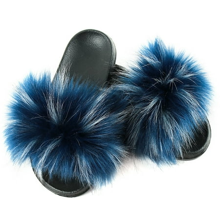 Coxeer Women Furry Slippers Fashion Anti-skid Faux Fur Slippers Fluffy Sandals for Girl