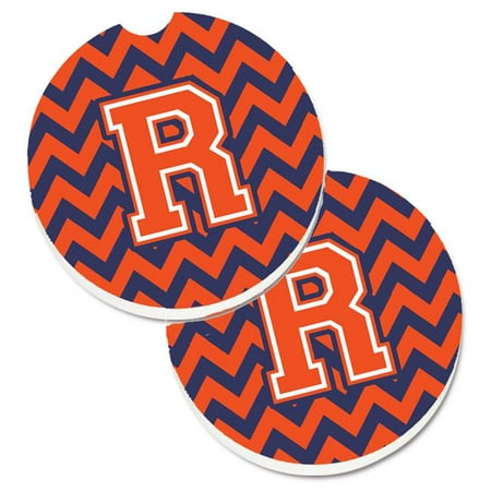 Letter R Chevron Orange & Blue Set of 2 Cup Holder Car Coaster