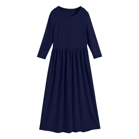 

GWAABD Semi formal Dresses for Girls Navy Polyester toddler Girl Long Sleeve Scoop Neck Soild Loose Casual Daily Wear Long Maxi Princess Dress 130