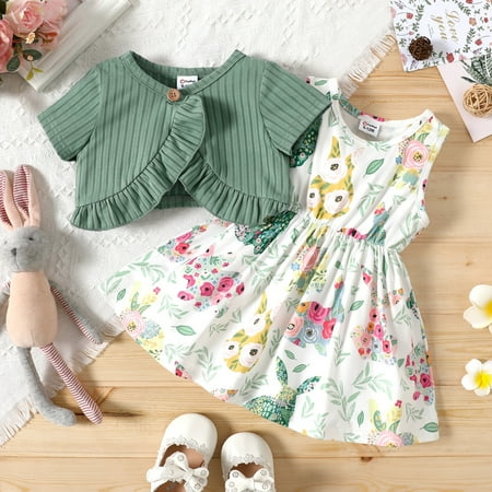 PatPat Easter 2pcs Baby Girl Dress Set Solid Ribbed Short-sleeve Ruffle Top and Allover Rabbit Print Sleeveless Dress Set Girl Dresses
PatPat Easter 2pcs Baby Girl Dress Set Solid Ribbed Short-sleeve Ruffle Top and Allover Rabbit Print Sleeveless Dress Set Girl Dresses