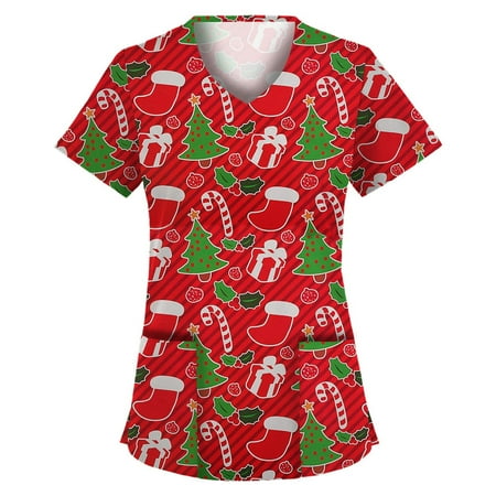Yyeselk Women Short Sleeve V-Neck Tops Workwear T-Shirt Christmas Print Cute Scrub Top Working Uniform Blouse with Pockets
Yyeselk Women Short Sleeve V-Neck Tops Workwear T-Shirt Christmas Print Cute Scrub Top Working Uniform Blouse with Pockets