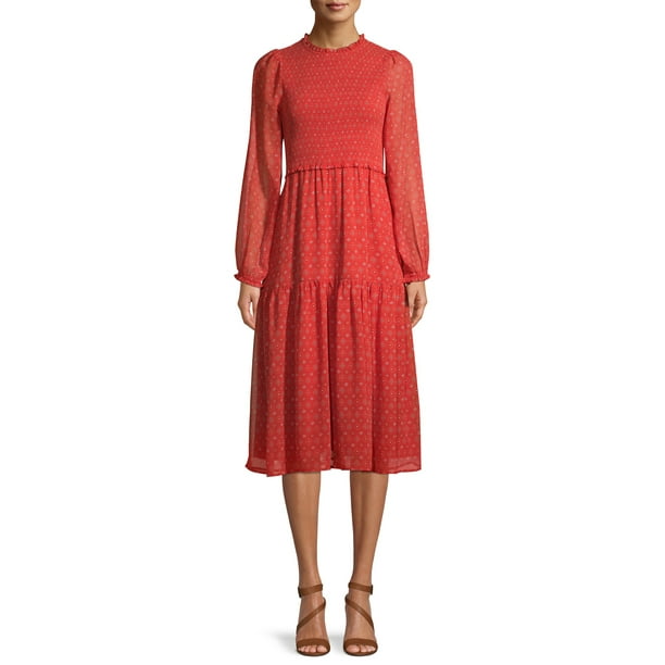 Time and Tru Women’s Long Sleeve Smocked Tiered Dress