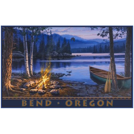 Bend Oregon Lake Canoe Fire Giclee Art Print Poster by Darrell Bush (24" x 36")
