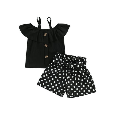 Summer Toddler Baby Girl Clothes Set Solid Color Ribbed Ruffled Button Off Shoulder Tops + Dot Print Shorts with Bow Belt
Summer Toddler Baby Girl Clothes Set Solid Color Ribbed Ruffled Button Off Shoulder Tops + Dot Print Shorts with Bow Belt