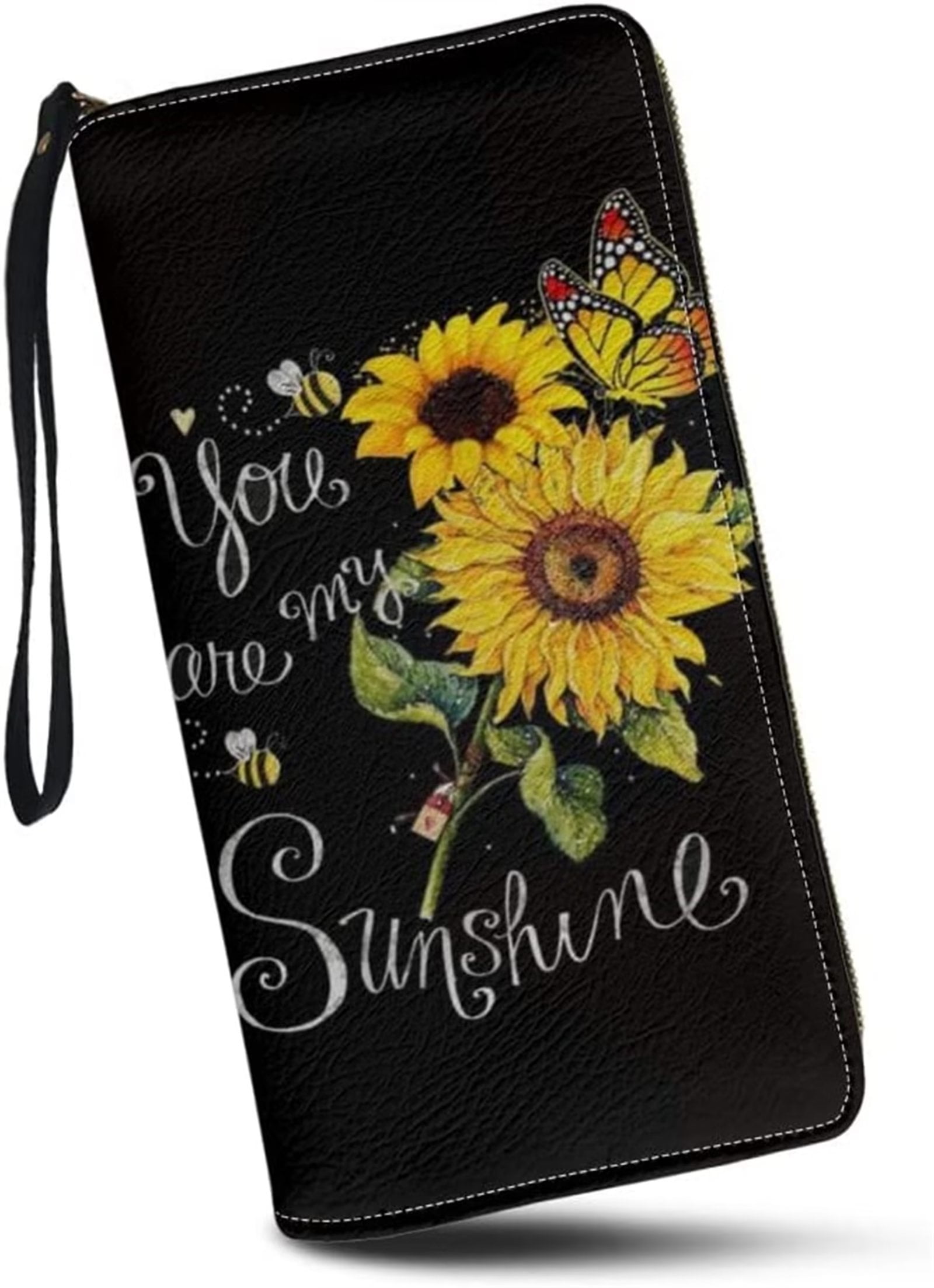 FKELYI Sunflower Butterfly Zip Around Wallets For Women Girls PU