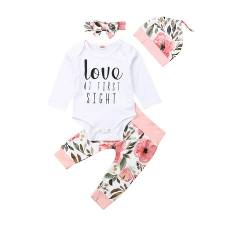 Multitrust Baby 4PCS suit letter jumpsuit floral pants headband beanie suit