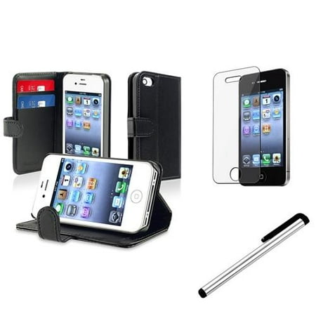 Insten Black Wallet Leather Pouch Case Cover+SPT+Stylus For iPhone 4 4G 4th 4S