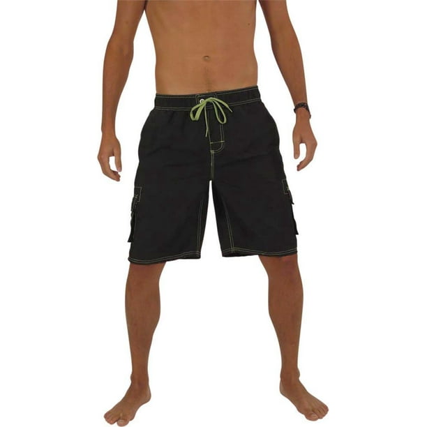 Norty Mens Swim Trunks - Watershort Swimsuit - Cargo Pockets - Drawstring Waist Black/Lime / Medium