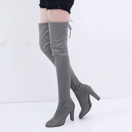 Foraging dimple Women Stretch Faux Slim High Boots Over The Knee Boots High Heels Shoes Gray