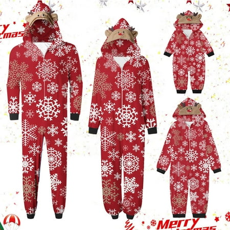 Lovskoo 2024 Family Christmas Pajamas Matching Sets Onesie Printed Long Sleeve Hooded Pajamas Jumpsuit Parent-Child Warm Set Wear Baby Red