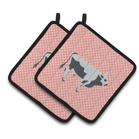 Caroline s Treasures Hungarian Grey Steppe Cow Pink Check Pair of Pot Holders