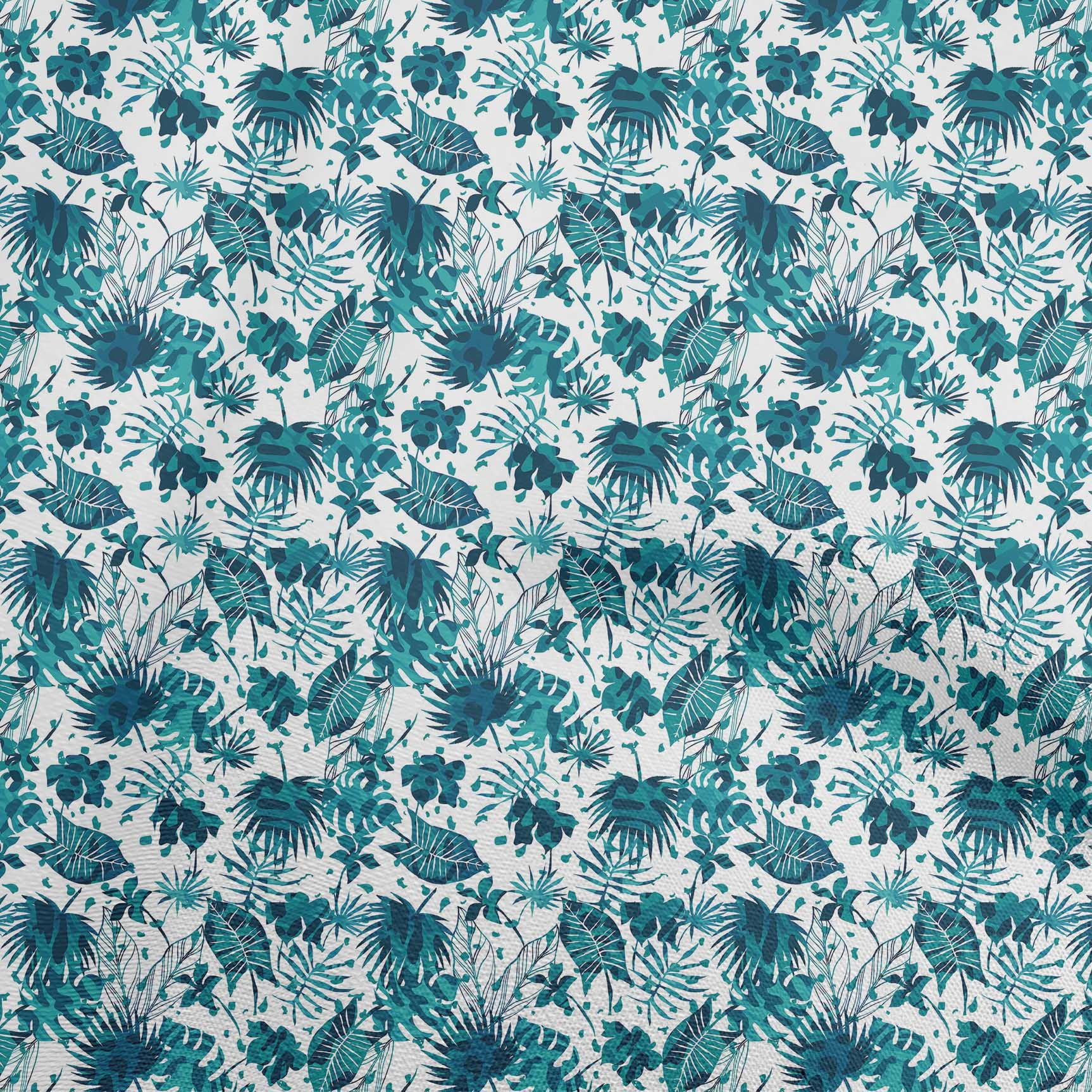 OneOone Cotton Poplin Teal Blue Fabric Tropical Leaf Sewing Material