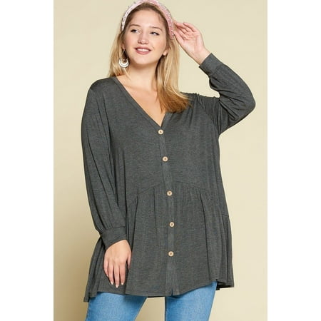 Plus Size Solid Heavy Rayon Modal Jersey Faux Button Up
