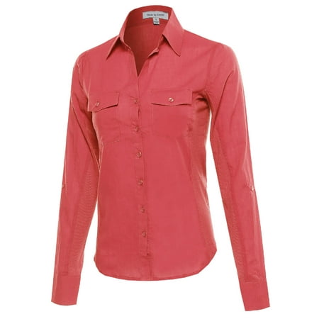 FashionOutfit Women's Basic Everyday Long Sleeves Button Up Side Ribbed Dress Shirt