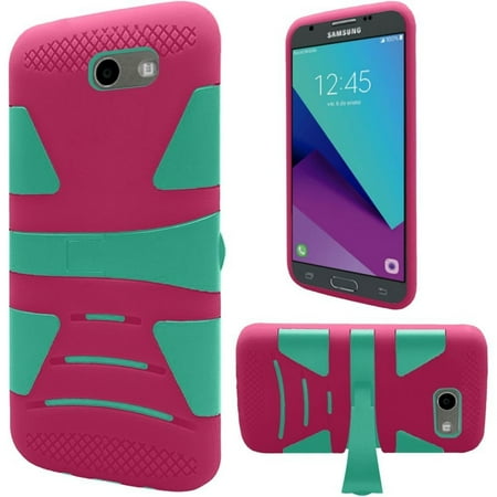 Insten Dual Layer Hybrid Stand Rubberized Hard Plastic/Silicone Case for Samsung Galaxy Amp Prime 2/Express Prime 2/J3 (2017)/J3 Eclipse/J3 Emerge/J3 Luna Pro/J3 Mission/J3 Prime/Sol 2, Teal/Hot Pink