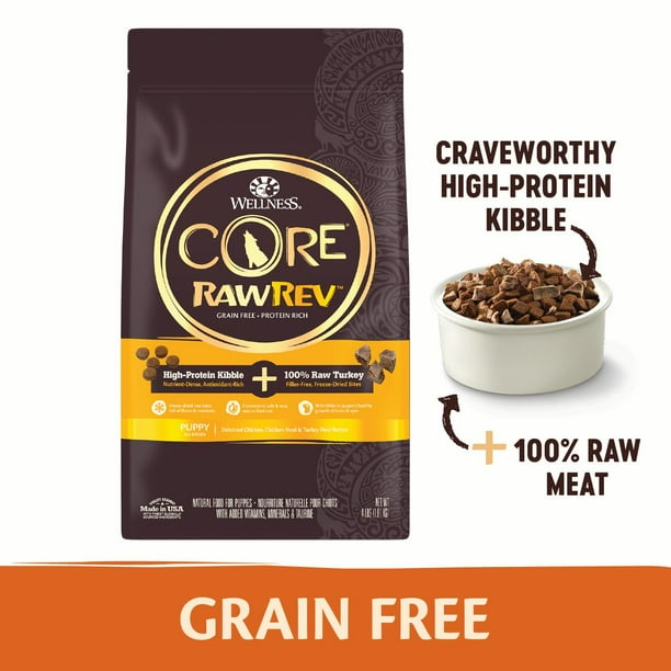Wellness CORE RawRev Grain Free Natural Dry Puppy Food, Puppy Deboned Chicken & Turkey with Freeze Dried Turkey Recipe, 10-Pound Bag