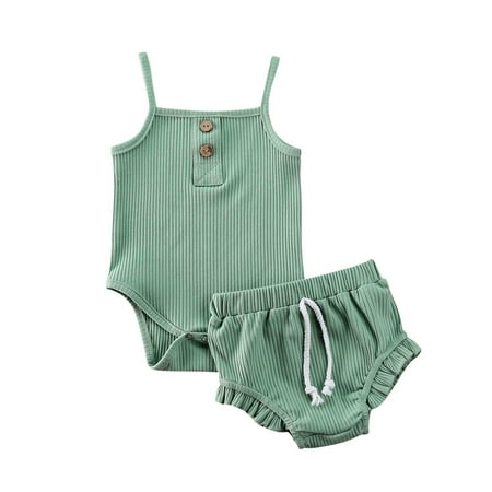 Newborn Baby Girl Summer Clothes Ribbed Strap Romper Bodysuit + Drawstring Shorts Green 3-6 Months
Newborn Baby Girl Summer Clothes Ribbed Strap Romper Bodysuit + Drawstring Shorts Green 3-6 Months