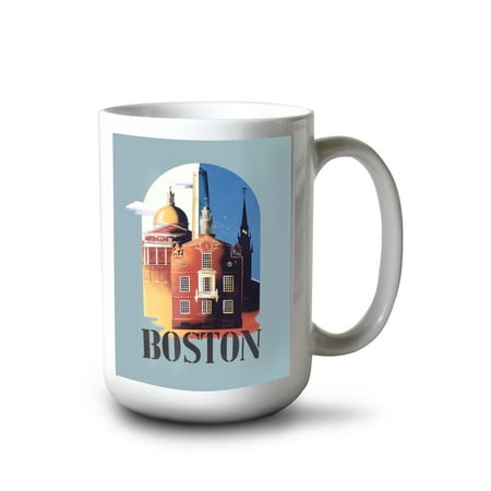 

15 fl oz Ceramic Mug Boston Massachusetts Iconic Buildings Contour Vintage Poster Dishwasher & Microwave Safe