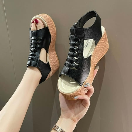 VKEKIEO Open Toe Beach Sandals For Women High Heel Block Black