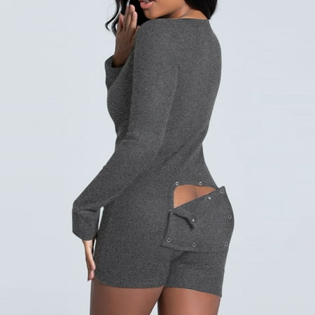 Adult Button Onesie Pajamas Bandage One Piece Long Sleeve Romper Pajama Bodysuit Jumpsuit Bodycon Rompers Gifts for Women