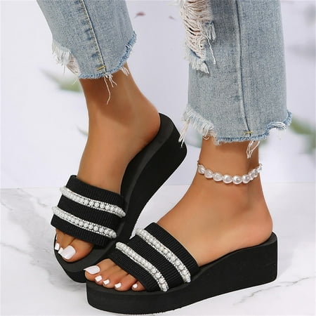 Wedge Slide Slippers Women Ladies Outdoor Slippers Pearl Chain Soft Sole