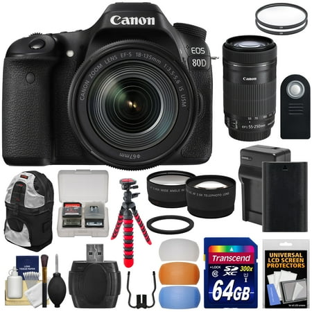 Canon EOS 80D Wi-Fi Digital SLR Camera & 18-135mm IS USM with 55-250mm IS STM Lens + 64GB Card + Battery & Charger + Backpack + Tripod + 2 Lens Kit