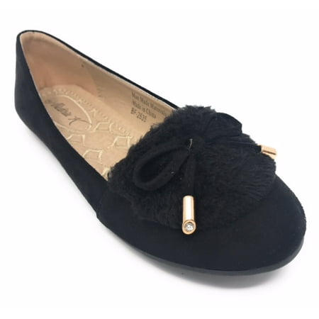 

Victoria K Women s Soft Textured Material With Faux Fur Ornament And Gold Tip Bow Ballerina Flats