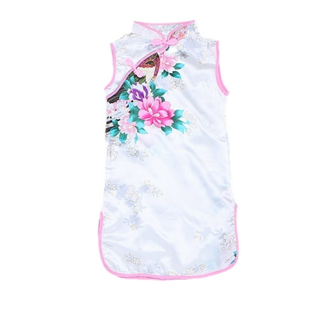 Binpure Little Girls Cheongsam Dress Floral Sleeveless Mock Neck Buttons Dress