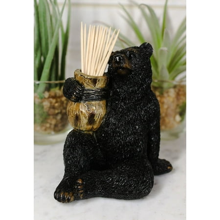 Ebros Woodlands Forest Black Bear Sitting With Wooden Barrel Toothpick Holder