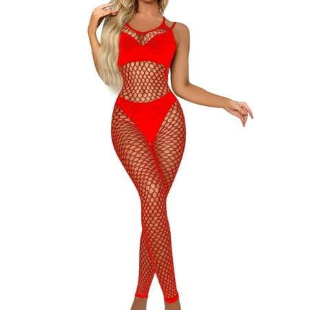 Skpblutn Lingerie Women Lingerie Sleepwear Nightwear Body Stocking Fishnet Bodysuit Sissy Sheer Lingerie Red One Size