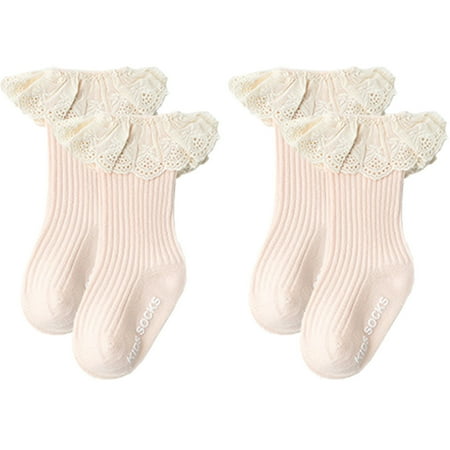 2 Pairs Girls Socks Ruffle Lace Socks Princess Frilly Knit Cotton Socks for Infant Toddler Kids