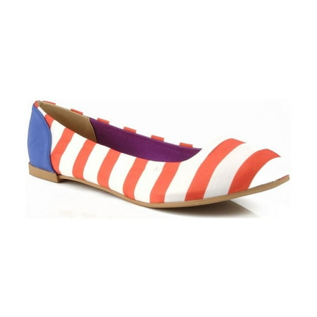 Qupid Salya-629 Striped Round Toe Ballet Flat Coral/White 6