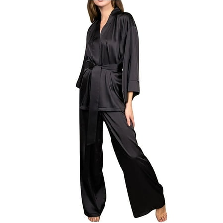 Satin Pajamas Set for Women Long Sleeve Belted Cardigan Sleepwear Silk Nightwear V-Neck PJs Set 2 Piece Lounge Sets Womens Clothes
Satin Pajamas Set for Women Long Sleeve Belted Cardigan Sleepwear Silk Nightwear V-Neck PJs Set 2 Piece Lounge Sets Womens Clothes