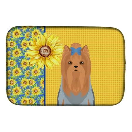 Summer Sunflowers Blue and Tan Full Coat Yorkshire Terrier Dish Drying Mat 14 in x 21 in
