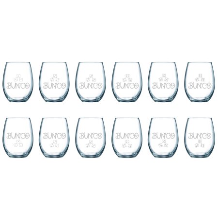Bunco Stemless Wine Glasses - Set of 12 Bunco Glasses with dice